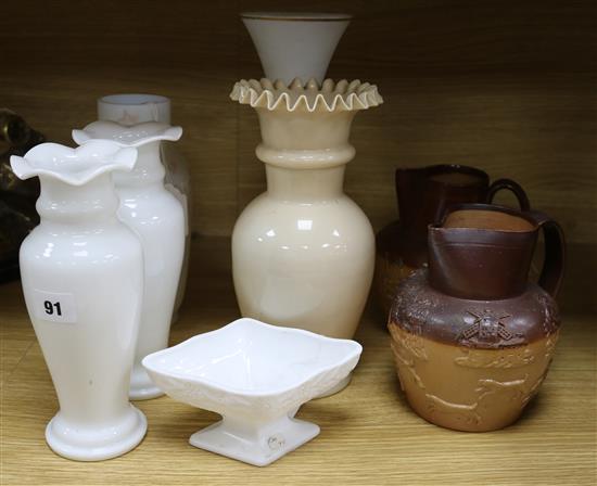 Five opaline glass vases, a bon bon dish and two Doulton hunting vases